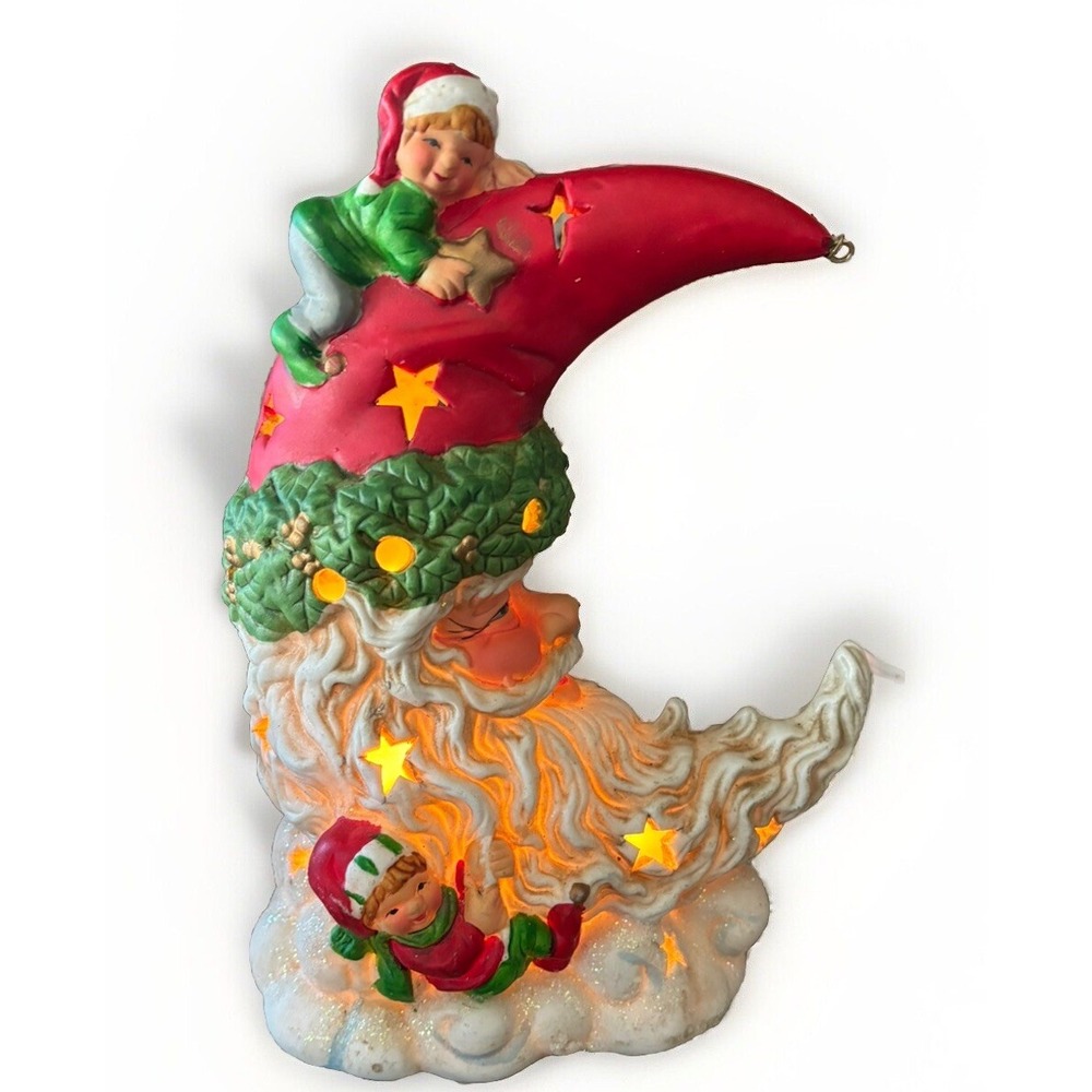 Vtg Santa Claus Elves Crescent Moon Lamp Electric Light Ceramic Christmas Decor
